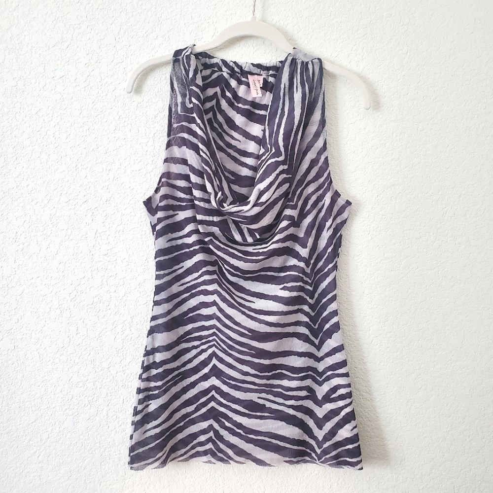 Sweet Pea Y2K Semi Sheer Mesh Zebra Print Cowl Plunge Neck Tank Top M 90s Boho